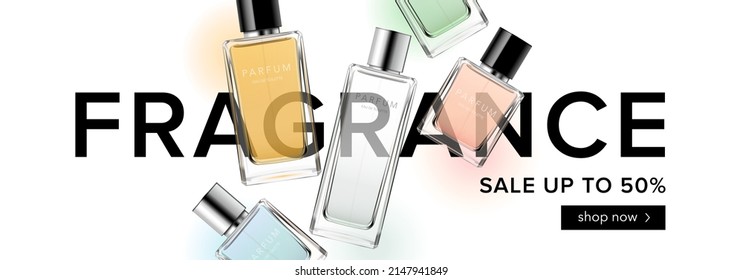 Fragrance advertising banner template with glass perfume bottles with colorful liquids on light background. Sale offer poster mockup with contrast typography for online store. Vector illustration.