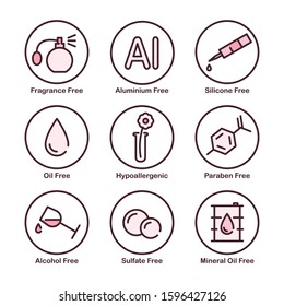 Fragrance, Aluminium, Silicone, Oil, Mineral Oil, Paraben, Alcohol, Sulfate Free. Hypoallergenic. Vector Icon Set.