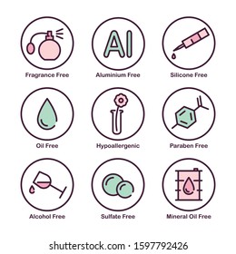 Fragrance, Aluminium, Silicone, Oil, Mineral Oil, Paraben, Alcohol, Sulfate Free. Hypoallergenic. Vector Icon Set.