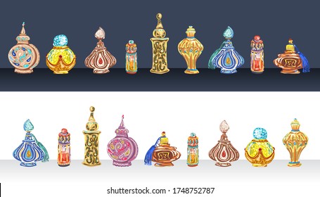 Fragrance. Aroma collection. Arabic Perfume set. Oriental bottles with Oil Oud Musk - arabian scent. Colorful vintage flacons for catalog, decor, aroma market. Islamic incense bakhoor. Vector drawing