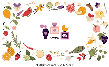 Fragrance and aroma set. Essential oil plants, herbs, fruits and berries circle frame. Various notes of perfume. Trendy modern vector illustration isolated on white background, hand drawn, flat