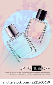 Fragrance banner template for beauty store, sale, offer, ad. Soft colours mockup with realistic glass square perfume bottles, floral shadow on blue pink background. Vector illustration.