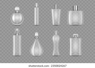 Fragrance bottle. 3d perfume glass different forms, transparent with metal lid and dispenser, cosmetic flask, empty spray container. Blank glamour packaging. Vector realistic mockup set svg