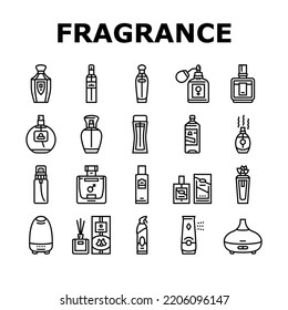 fragrance bottle perfume cosmetic icons set vector. glass product, luxury beauty spray, cologne scent perfumery, aroma package container fragrance bottle perfume cosmetic black contour illustrations