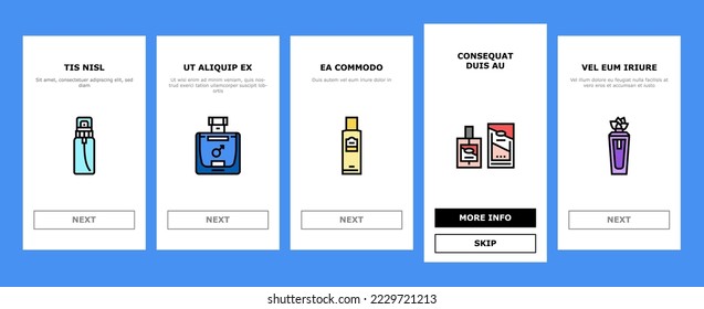 fragrance bottle perfume cosmetic onboarding mobile vector. glass product, luxury beauty spray, cologne scent perfumery, aroma package container fragrance bottle perfume cosmetic line illustrations