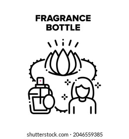 Fragrance Bottle Vector Icon Concept. Fragrance Bottle Sprayer For Luxury Smell With Flower Lotus Aroma Bouquet. Elegant Female Floral Aromatic Beauty Cosmetic Product Black Illustration