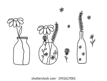 Fragrance Bottles With Daisy, Chamomile, Sage, Wild Flowers. Aromatherapy Doodle Hand Drawn Illustrations Set. Aromatic Herbal In Mason Jar. Selfcare, Mental Health Wellness Treatment And Prevention