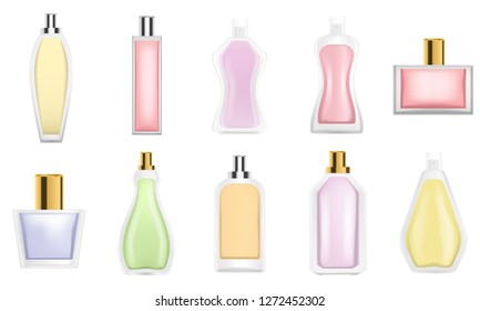 Fragrance bottles icon set. Realistic set of fragrance bottles vector icons for web design isolated on white background