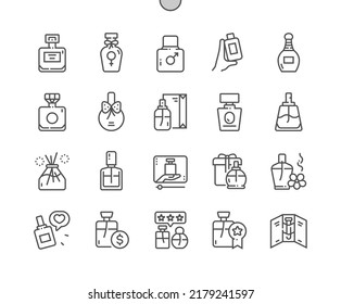 Fragrance bottles. Perfume. Eau de toilette. Packaging of various shapes. Pixel Perfect Vector Thin Line Icons. Simple Minimal Pictogram