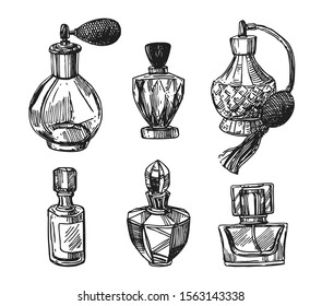 Fragrance bottles vector illustration. Hand drawn sketch style image. Us for cosmetic sale.