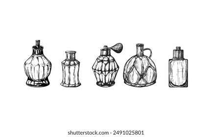 Fragrance bottles vector illustration. Hand drawn sketch style image. Use for cosmetic sale.