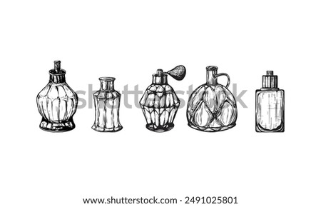 Fragrance bottles vector illustration. Hand drawn sketch style image. Use for cosmetic sale.