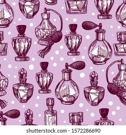 Fragrance bottles vector seamless pattern  illustration. Hand drawn sketch style image. Us for cosmetic sale.