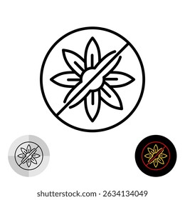 Fragrance free icon. No scent line symbol with flower head and prohibition sign. Editable stroke.