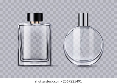 Fragrance glass bottle mockups set - transparent rectangular and round perfume containers with metallic caps. Empty cosmetic packaging template with glossy surface and sprayer for scent promotion.