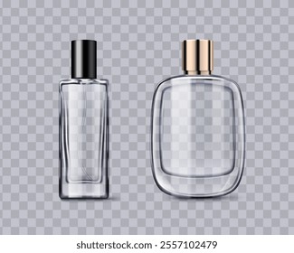 Fragrance glass bottles mockup with metal caps - tall rectangular vessel and curved oval container on transparent background. Empty lucid perfume packaging for luxury cosmetic product presentation.