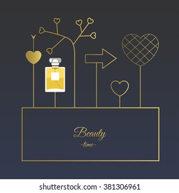 Fragrance with golden decorative elements. Vector illustration for holiday cards and shopping catalog