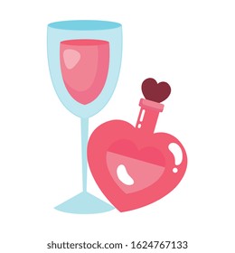 fragrance with heart bottle and cup glass with wine vector illustration design