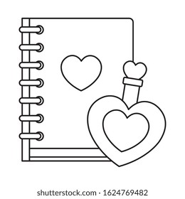 fragrance with heart bottle and notebook vector illustration design