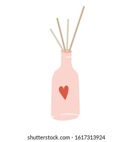 Fragrance reed sticks in a bottle. Interior decoration, oil perfume stick diffusers for freshening room. Simple modern hand drawn illustration, isolated vector clipart