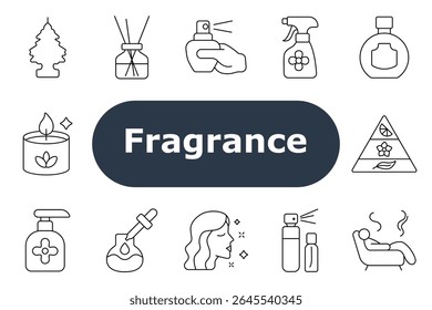 Ícone de conjunto de fragrâncias. Limpador de ar, difusor, spray de perfume, spritz floral, garrafa, vela de aroma, pirâmide de fragrância, distribuidor de bomba, conta-gotas, teste de aroma, óleo essencial, relaxamento.