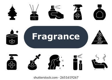 Ícone de conjunto de fragrâncias. Limpador de ar, difusor, spray de perfume, spritz floral, garrafa, vela de aroma, pirâmide de fragrância, distribuidor de bomba, conta-gotas, teste de aroma, óleo essencial, relaxamento.
