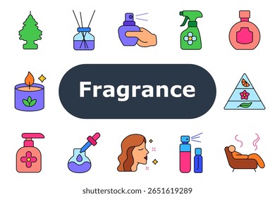 Ícone de conjunto de fragrâncias. Limpador de ar, difusor, spray de perfume, spritz floral, garrafa, vela de aroma, pirâmide de fragrância, distribuidor de bomba, conta-gotas, teste de aroma, óleo essencial, relaxamento.