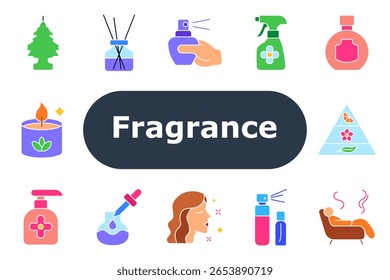 Ícone de conjunto de fragrâncias. Limpador de ar, difusor, spray de perfume, spritz floral, garrafa, vela de aroma, pirâmide de fragrância, distribuidor de bomba, conta-gotas, teste de aroma, óleo essencial, relaxamento.
