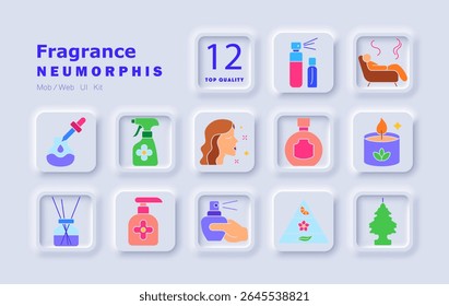 Fragrance set icon. Essential oils, sprayer, flowers, woman smelling aroma, bottle shapes, pyramid of notes, scented candle, air freshener, room spray, relaxing sofa, fragrance therapy.