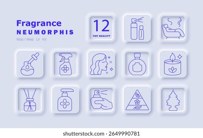 Ícone de conjunto de fragrâncias. Óleos essenciais, pulverizador, flores, mulher cheirando aroma, formas de garrafa, pirâmide de notas, vela perfumada, purificador de ar, pulverizador de quarto, sofá relaxante, fragrância terapia.