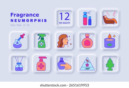 Ícone de conjunto de fragrâncias. Óleos essenciais, pulverizador, flores, mulher cheirando aroma, formas de garrafa, pirâmide de notas, vela perfumada, purificador de ar, pulverizador de quarto, sofá relaxante, fragrância terapia.