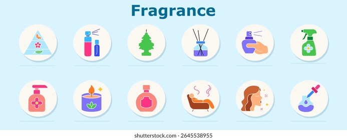 Fragrance set icon. Includes scent pyramid, atomizers, tree scent, diffuser, nose with sprayer, cleaner bottle, hand soap, candle, flask, aroma lines, face profile, essential oil dropper