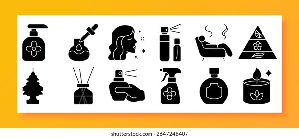 Ícone de conjunto de fragrâncias. Inclui pirâmide olfativa, atomizadores, aroma de árvore, difusor, nariz com pulverizador, garrafa mais limpa, sabão de mão, vela, frasco, linhas de aroma, perfil da face, conta-gotas de óleo essencial