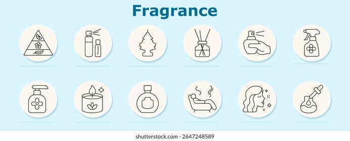 Ícone de conjunto de fragrâncias. Inclui pirâmide olfativa, atomizadores, aroma de árvore, difusor, nariz com pulverizador, garrafa mais limpa, sabão de mão, vela, frasco, linhas de aroma, perfil da face, conta-gotas de óleo essencial