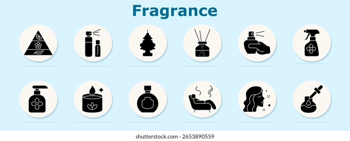 Fragrance set icon. Includes scent pyramid, atomizers, tree scent, diffuser, nose with sprayer, cleaner bottle, hand soap, candle, flask, aroma lines, face profile, essential oil dropper