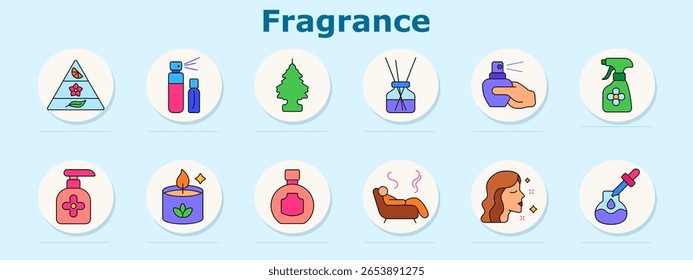Fragrance set icon. Includes scent pyramid, atomizers, tree scent, diffuser, nose with sprayer, cleaner bottle, hand soap, candle, flask, aroma lines, face profile, essential oil dropper