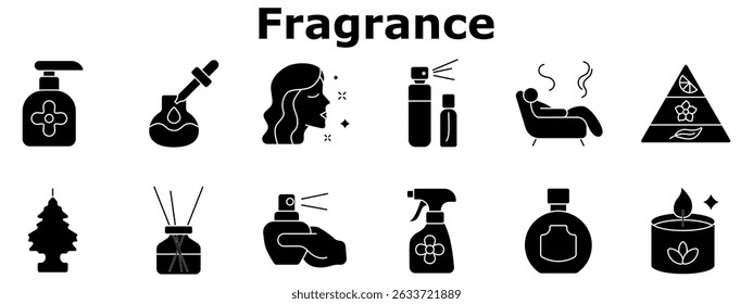 Ícone de conjunto de fragrâncias. Bomba garrafa, conta-gotas, aroma inalação, garrafa de spray, relaxamento, pirâmide de perfume, purificador de ar, difusor de junco, perfume spritz, spray de sala, garrafa, vela perfumada.