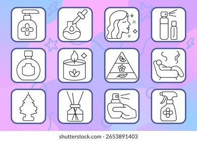Fragrance set icon. Room spray, oil bottle, woman with scent, candle, relaxation, pyramid of notes, air freshener, diffuser, aroma.