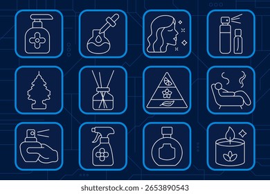 Fragrance set icon. Soap pump, oil dropper, beauty woman, atomizer, tree freshener, reed diffuser, scent triangle, rest chair, wrist spray, floral cleaner, round bottle, aroma candle.