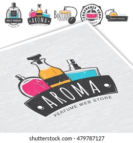 The Fragrance Shop. Exclusive boutique with aromatic oils. Detailed elements. Old retro vintage grunge. Scratched, damaged, dirty effect. Typographic labels, stickers, logos and badges. Mockup style