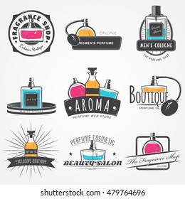The Fragrance Shop set. Exclusive boutique with aromatic oils. Detailed elements. Old retro vintage grunge. Scratched, damaged, dirty effect. Typographic labels, stickers, logos and badges.