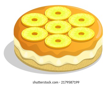 Fragrant biscuit cake, pie with pineapple rings and fruit jelly. Exotic dessert with tea party. Isometric cartoon vector isolated on white background