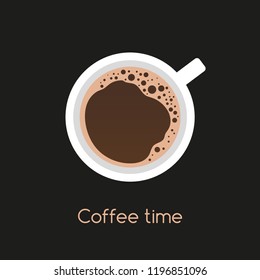 Fragrant black espresso with foam, top view. Cup of coffee and place for your text.