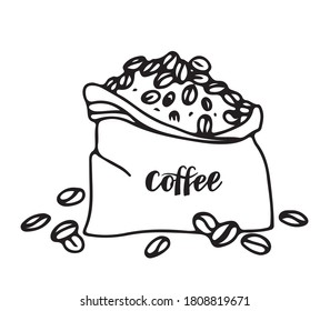 Fragrant coffee beans in a bag.  The word "Coffee" is on the bag.  Vector illustration in doodle style.