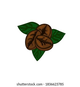 En las hojas de café yacen fragantes granos de café. Ilustración vectorial.