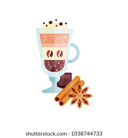 Fragrant coffee drink with whipped cream and spices in glass cup vector Illustration on a white background