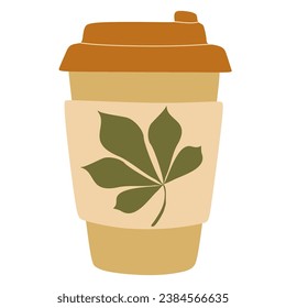 Café fragante en una taza de papel. Ilustración vectorial plana. Bebida dulce caliente de otoño. Hoja de castaño en un vaso con capuchino o latte. Dibujo lindo de la bebida caliente para Menú, Volante, Pegatina.