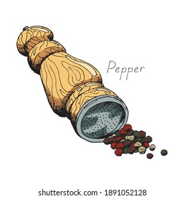 Fragrant corns of pepper. Spicy hot condiment for cooking. Classic vintage wooden pepper mill. Tool for the kitchen.Isolated clipart set on white background. Hand-drawn ink sketch.