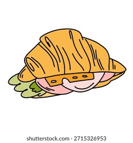 Un croissant fragante, en rodajas y relleno de jamón y queso, sobre verduras crujientes. Desayuno alemán.
