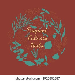Afiche de hierbas aromáticas con composición de cricket hecho por herbales rellenos y contorneados. Time de mano, Oregano, Rosemary, Shiso y Laurel. Vector para Emblema de productos picantes, etiquetas, afiches.